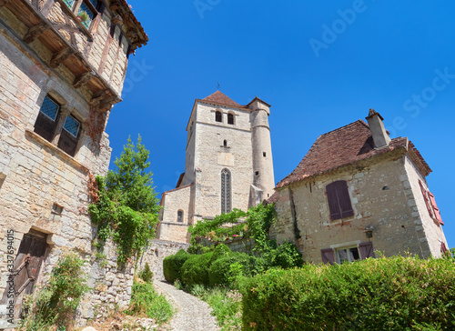Street view of the old town of Saint-Cirq-Lapopie, one of the most beautiful villages in France (Les Plus Beaux Villages de France), Lot River valley department, Causses du Quercy Natural Park, France