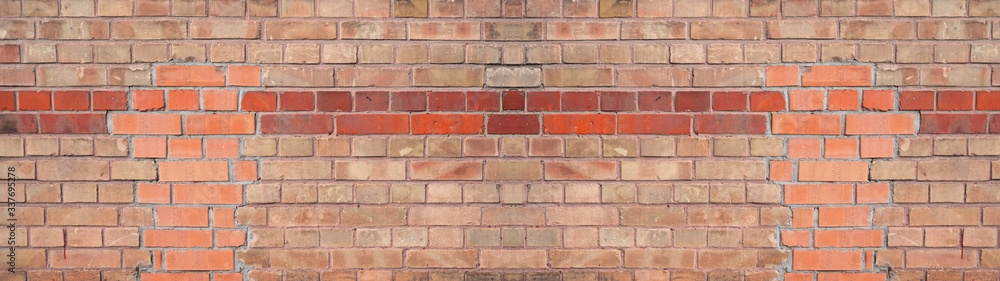 Fototapeta premium Brown orange red damaged rustic brick wall texture banner panorama 