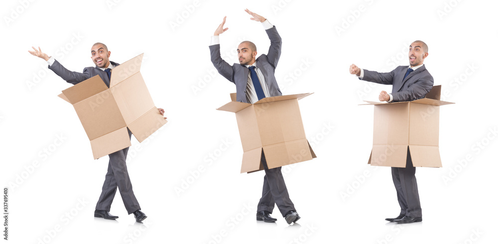 Businessman with box isolated on the white Businessman with box isolated on the white
