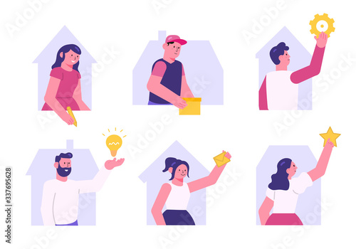 Flat Style Design. Team Working at Home Set Vector Illustration Work from Home Collection