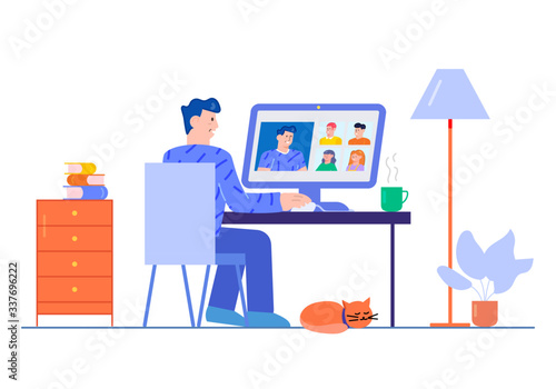 Flat Style Design. Freelancer Working from Home Telecommuting in  Video Chat Video Conference Vector Illustration