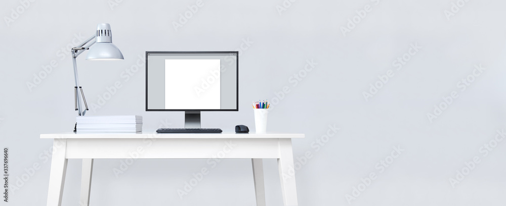 Desktop computer wit text editing software on clean white table. Desktop computer wit text editing software on clean white table.