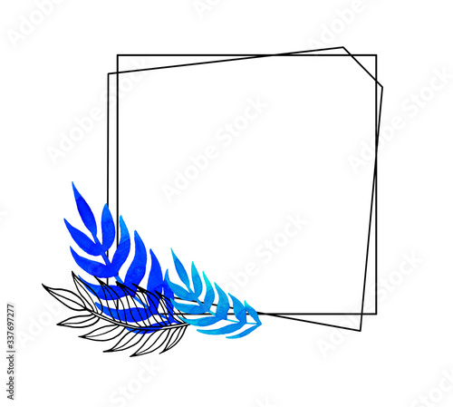 Square geometric frame with watercolor and lineart hand painted leaves. Blue and black elements isolated on white background. Botanical composition for design, textile, wallpaper, print