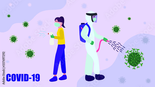 Concept of Disinfecting Coronavirus Cells, Preventive Measures Due to Covid-19, Virus Outbreak.  Hygiene promotion with wearing a face mask, sanitizing with alcohol in flat style 