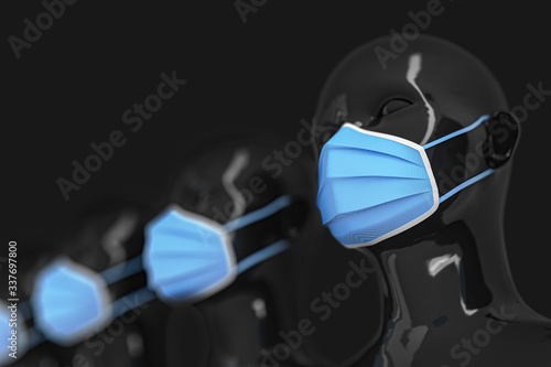 A group of female shiny black mannequin heads standing in a row in bright blue medical masks on a black background. 3D illustration.