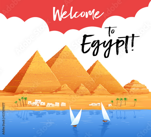 Welcome to Egypt. Flyer, poster. Pyramids, Cairo. Advertising. Vector illustration