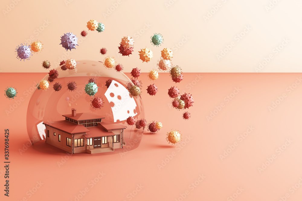 Obraz premium Stay home Keep calm Slogan House in a glass bullet protecting Danger outside the shell virus outside Combating coronavirus Fighting the spread of 2019 nCoV 3d rendering
