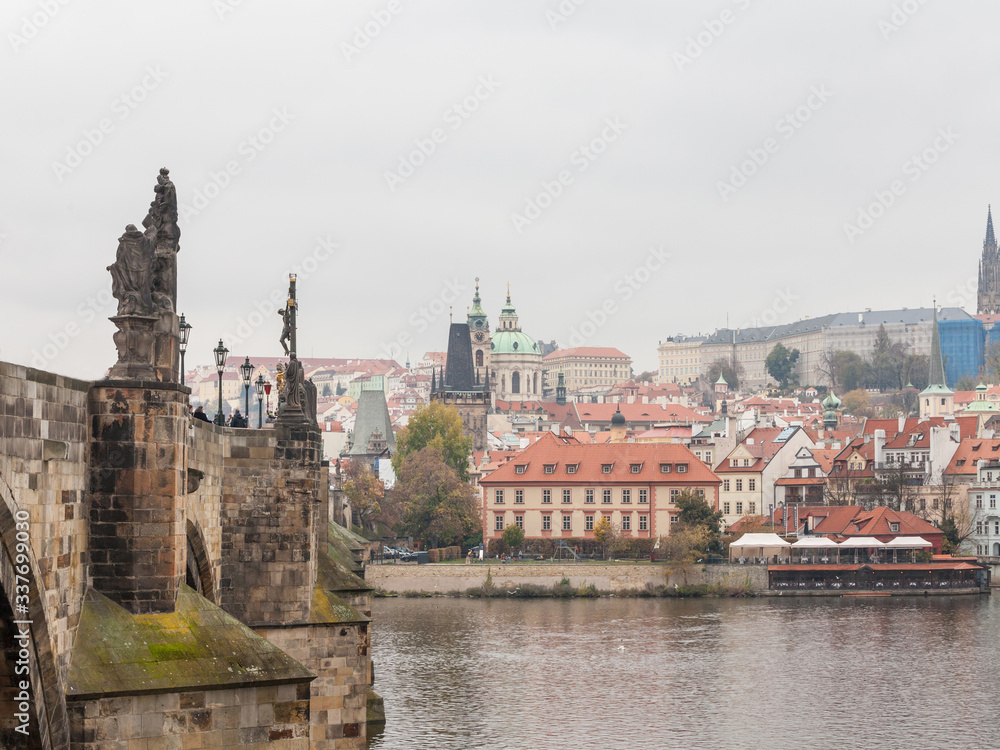 Panorama of the Old Town of Prague, Czech Republic and Charles bridge (Karluv Most)  and the Prague Castle (Prazsky hrad) from Vltava river. The castle is the main touristic landmark of the city