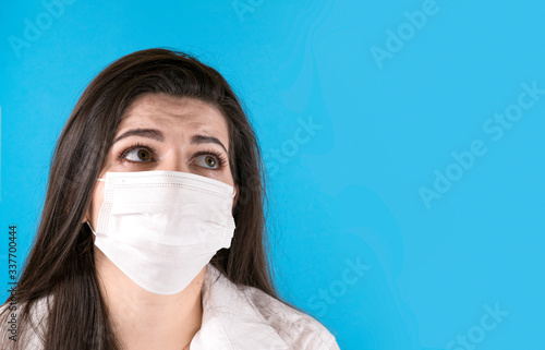 coronavirus, disease, mask, medical, allergic, allergy, care, caucasian, portrait, white, 2019ncov, adult, blue, concept, covid19, girl, white background, background, beautiful, blue background, close