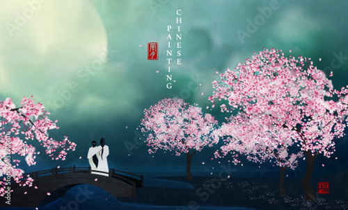 Chinese ink painting art background elegant landscape view of lovers enjoying the moon and flower tree on a bridge at night. Chinese translation : Wind Moon and Blessing.