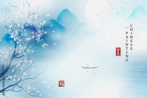 Chinese ink painting art background elegant landscape view of tranquil lake mountain and flower tree. Chinese translation : Landscape and Blessing.