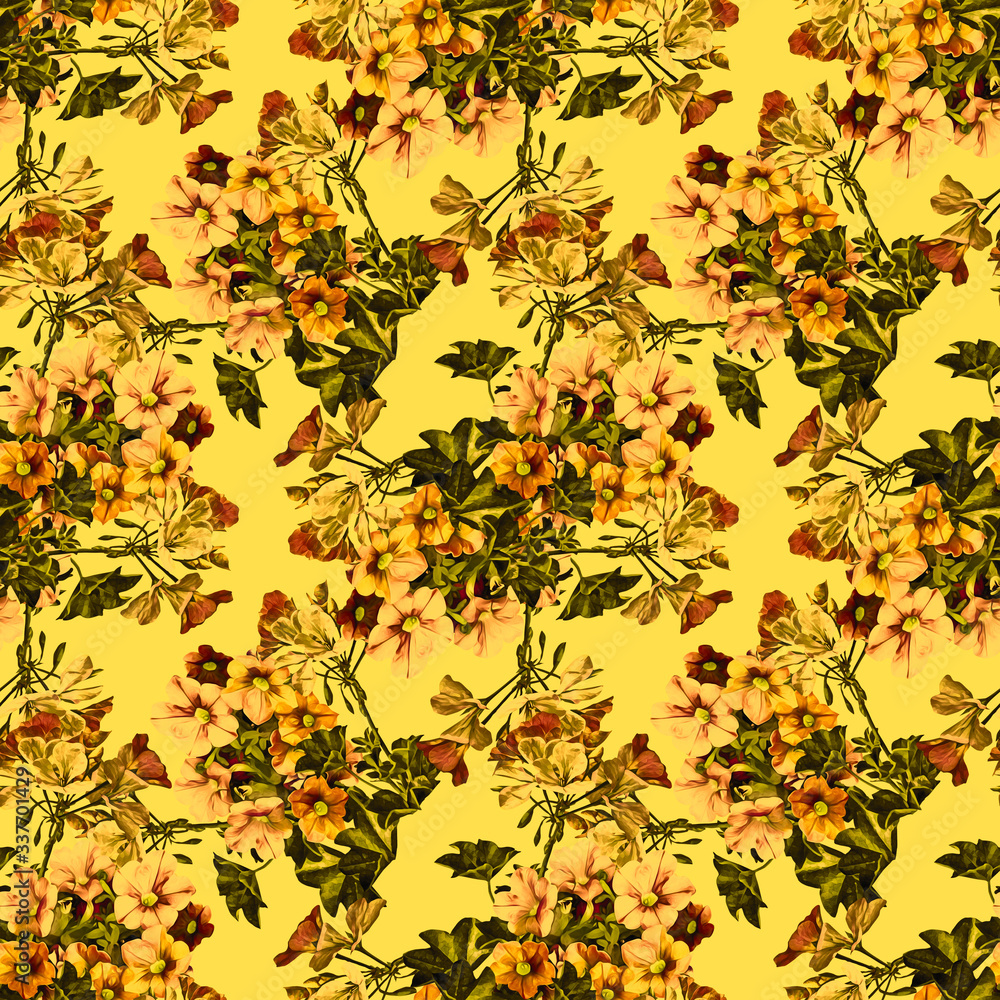 Petunia with geraniaflowers, seamless pattern. Petunia with geraniaflowers, seamless pattern.