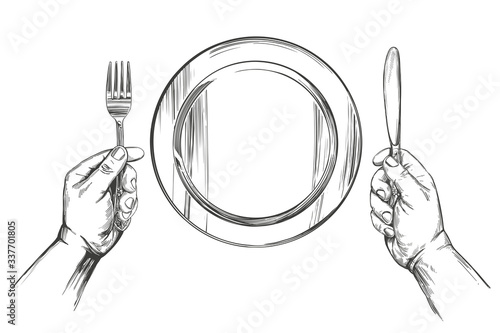 empty plate, hands holding a knife and fork, time to eat, hand drawn vector illustration realistic sketch