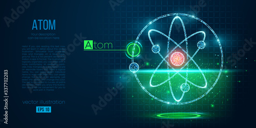 Abstract silhouette of the polygonal atoms on blue background. Scanning, research, study atoms of the world. Holographic low poly, wireframe vector. Thanks for watching