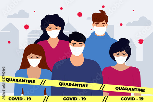 COVID-19. Stop Coronavirus. Novel virus 2019-nCoV. Concept of quarantine, prevent infection. Group of people in white protective masks are in a contaminated infected city.