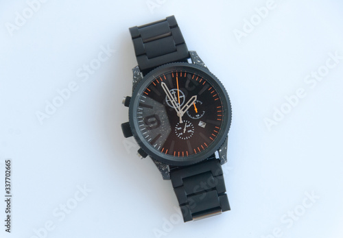 Sport black wristwatches on white background. Isolated. Top view