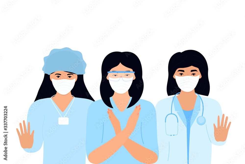 COVID-19. Coronavirus epidemic. A team of doctors in protective medical masks. Stop virus concept. A woman shows a gesture of stop. Female lab worker. Nurse. Laboratory assistant COVID-19. Coronavirus epidemic. A team of doctors in protective medical masks. Stop virus concept. A woman shows a gesture of stop. Female lab worker. Nurse. Laboratory assistant