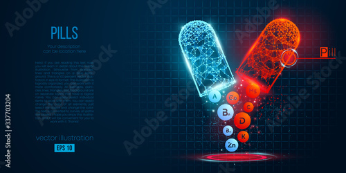 Abstract silhouette of the polygonal pills on blue background. Vitamins, minerals and active substances for good health. Holographic low poly, wireframe vector. Thanks for watching