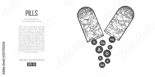 Abstract silhouette of the polygonal pills on white background. Vitamins, minerals and active substances for good health. Holographic low poly, wireframe vector. Thanks for watching