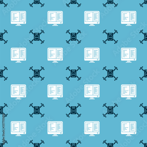 Set Drone flying with action camera and Computer monitor screen on seamless pattern. Vector