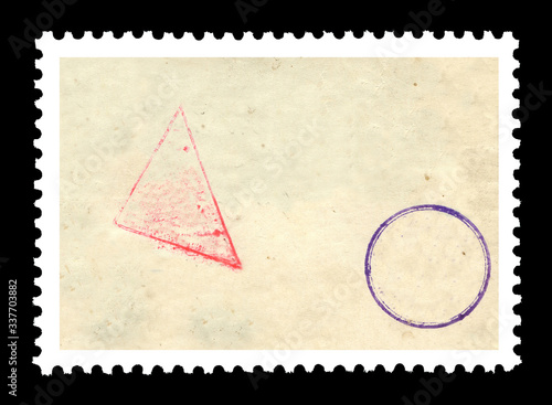 Vintage blank postage stamp with red and blue ink stamp on a black background