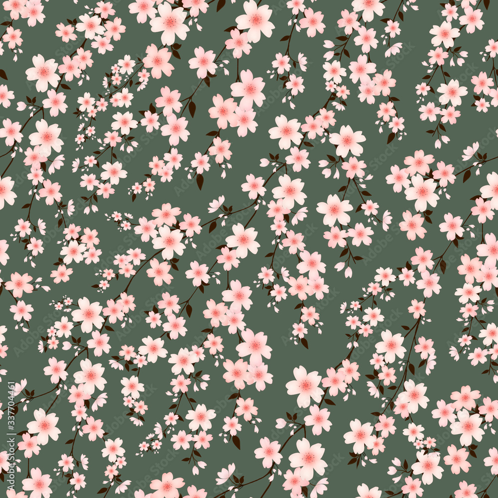 Seamless pattern with cherry blossom branches. Botanical ornament for fabric. Design for cards and Wallpapers. Seamless pattern with cherry blossom branches. Botanical ornament for fabric. Design for cards and Wallpapers.