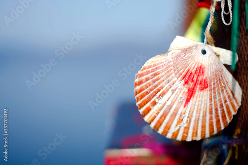 фотографія shell of the camino de santiago with blue unfocused background