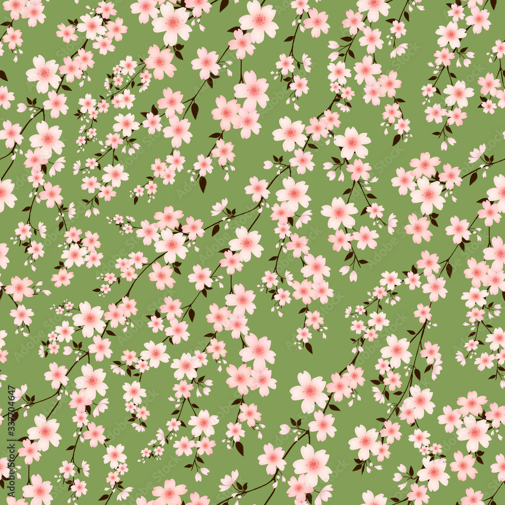 Fototapeta premium Seamless pattern with cherry blossom branches. Botanical ornament for fabric. Design for cards and Wallpapers.