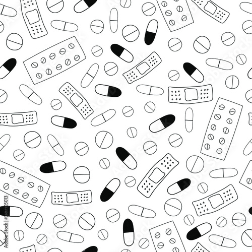 Seamless pattern with medicines,  capsules, medicaments, drugs, pills and tablets. Hand drawn outline vector illustration in doodle style. Perfect for medical, pharmacy, drugstore design, print EPS 10