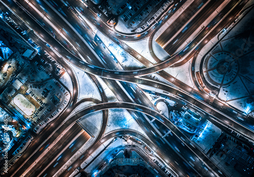 Aerial view highway road junctions at night  in Moscow photo