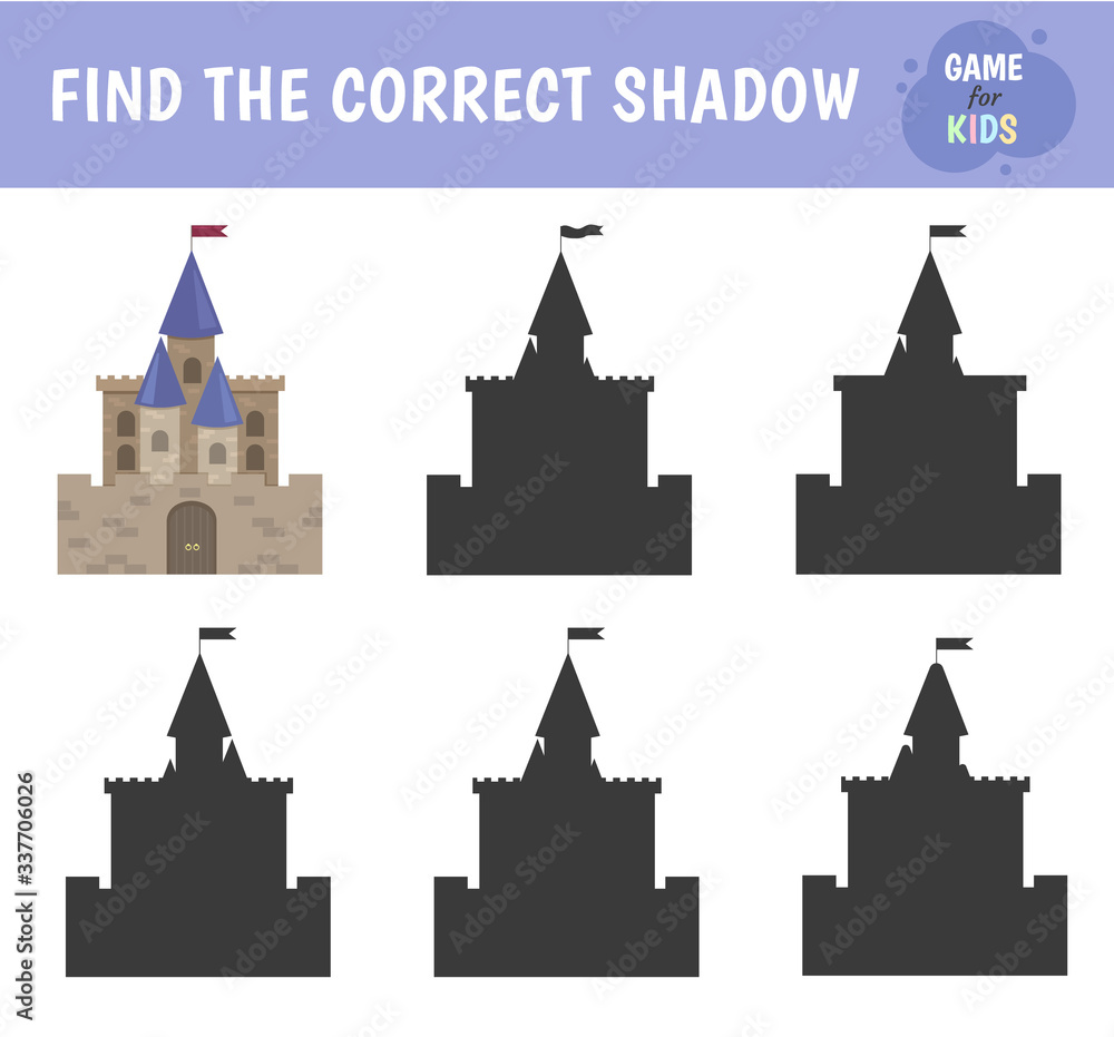 Fairytale medieval castle. Find correct shadow. Game for children on mindfulness. Vector.