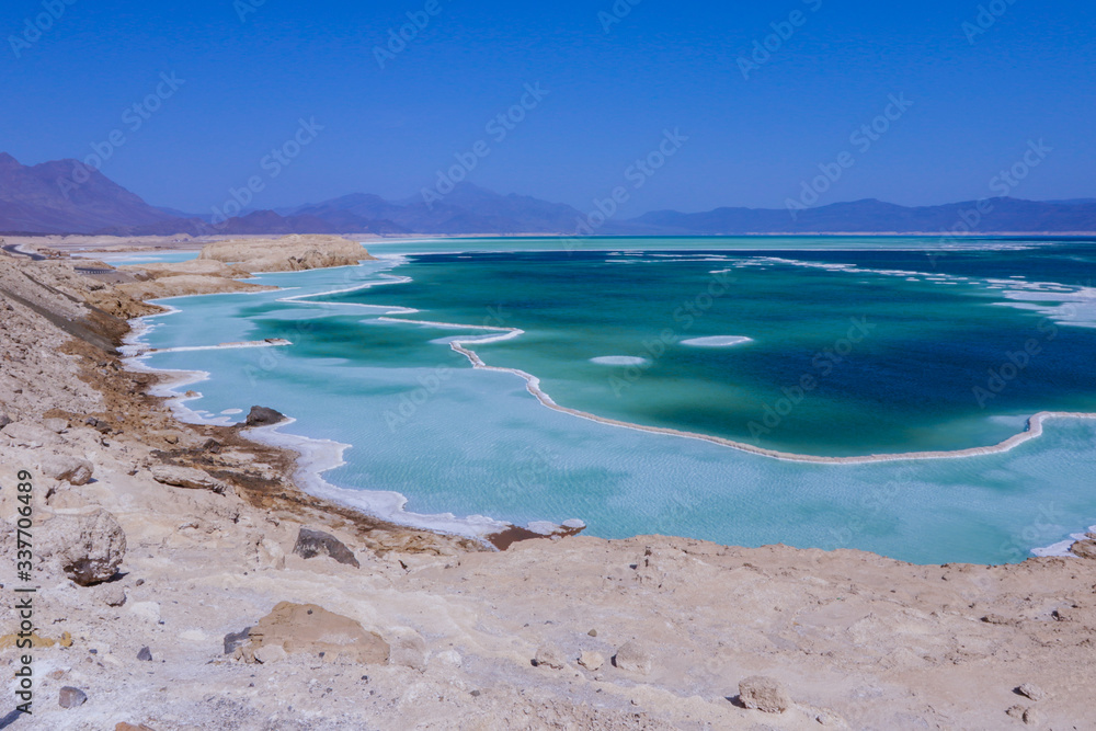 Salty Coastline of the Blue Lake Assal, Djibouti Salty Coastline of the Blue Lake Assal, Djibouti