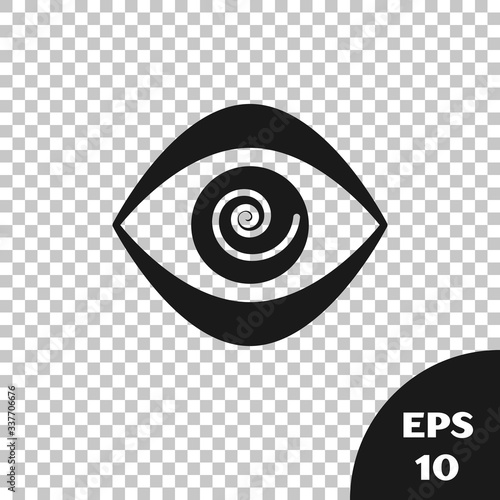 Black Hypnosis icon isolated on transparent background. Human eye with spiral hypnotic iris.  Vector Illustration