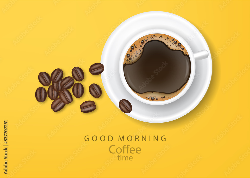 Coffee banner realistic coffee beans yellow background vector illustration Coffee banner realistic coffee beans yellow background vector illustration