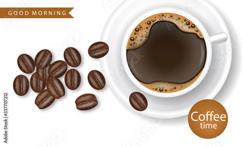 Coffee cup realistic coffee beans white background vector illustration