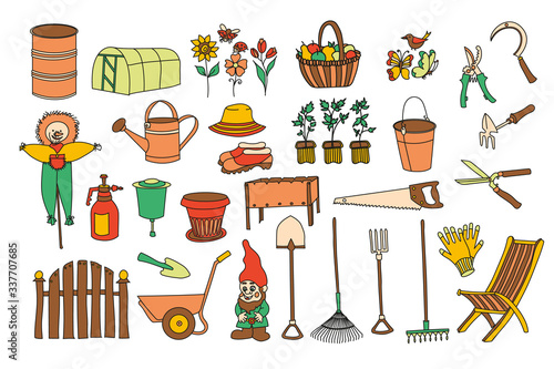 Vector set of color illustration of objects on a white background. Elements for creating a horticultural, summer agricultural seasonal design.