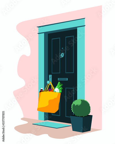 Groceries in bag left at front door. Safe contactless delivery to home to prevent the spread of the corona virus.