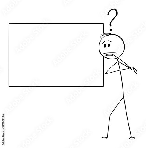 Vector cartoon stick figure drawing conceptual illustration of man or businessman thinking about problem in front of blackboard or sign.
