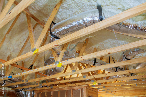 Vászonkép Construction new home with installed of HVAC vent in roofing
