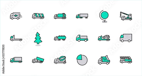 Truck Set of Transport Vector Line Icons. Contains such Icons as Truck, Transportation, Tow Truck, Cranes, Mixer, Garbage Truck, Manipulators, Delivery service and more. Editable Stroke. 32x32 Pixel