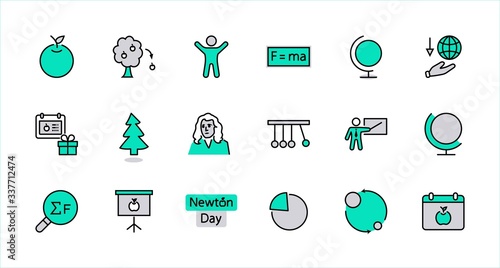 Newton's Day Set Line Vector Icon. Contains such Icons as Newton, Laws of physics and gravity, Flying Apple, Calendar, Teacher, blackboard and projector Editable Stroke. 32x32 Pixel Perfect