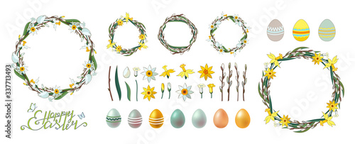 Set of hand drawn floral vector elements, decorated painted eggs isolated on white. Happy Easter. Clip art for your design. Lettering. Spring frame. Wreath of willow branches and daffodils.