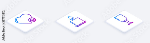Set Isometric line Heart, Burning candle and Wine glass. White square button. Vector