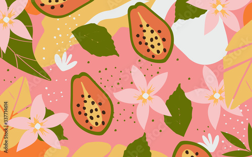 Colorful flowers and leaves poster background vector illustration. Exotic plants, branches, flowers, leaves and papaya art print for fashion and natural products, spa, wellness, weddings and events
