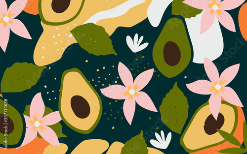 Colorful flowers and leaves poster background vector illustration. Exotic plants, branches, flowers, leaves and avocado art print for fashion and natural products, spa, wellness, weddings and events