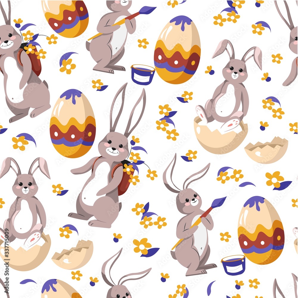 Eater bunny painting egg, rabbit with paintbrush seamless pattern Eater bunny painting egg, rabbit with paintbrush seamless pattern