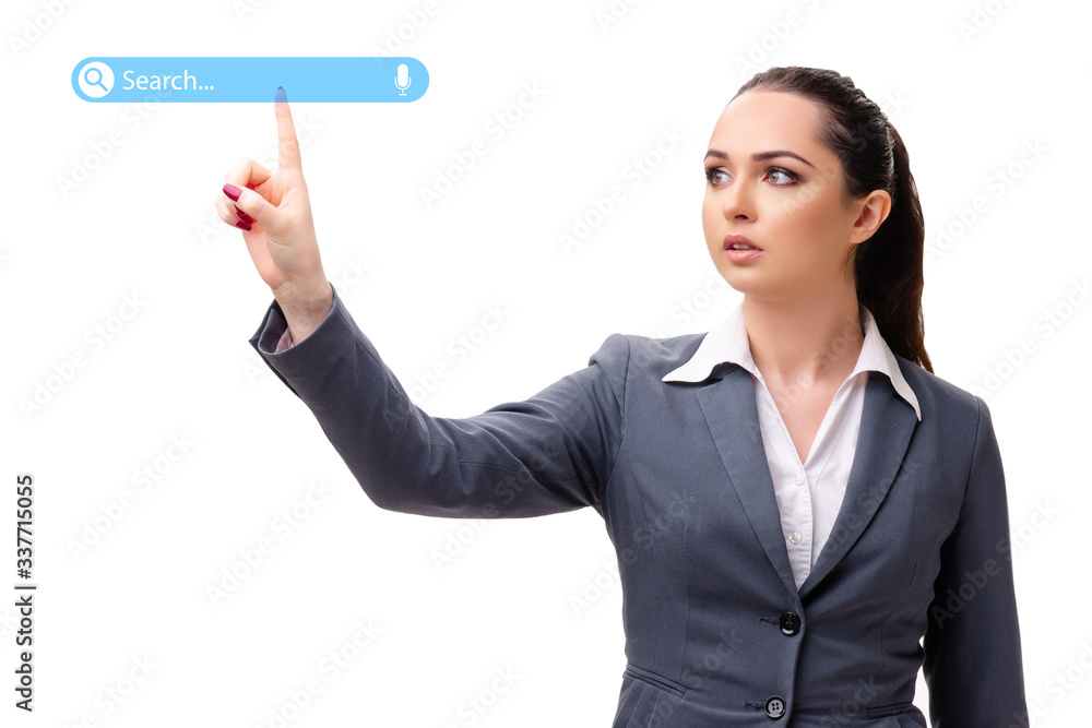 Search concept with businessman pressing button Search concept with businessman pressing button