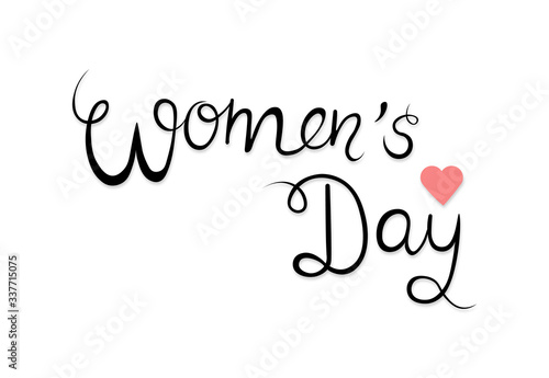 Black text women's day and heart, white background vector illustration