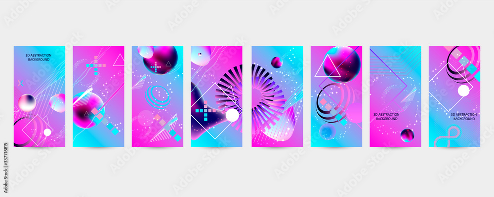 Set of banners bright colors pink blue for posting on social networks style futuristic space stars galaxies with 3d elements fatastic style