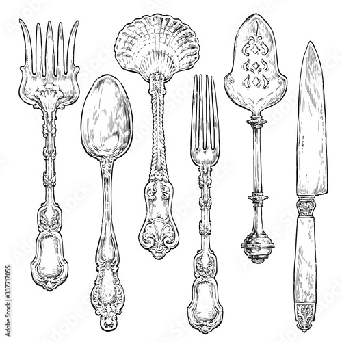 Hand drawn vintage silverware cutlery. Fork, knife and spoon ornate. Set 1